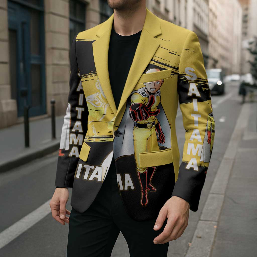 Saitama One Punch Man Anime Yellow and Black Theme Blazer with Heroic Pose and Dynamic Brushstroke Background - The Mazicc