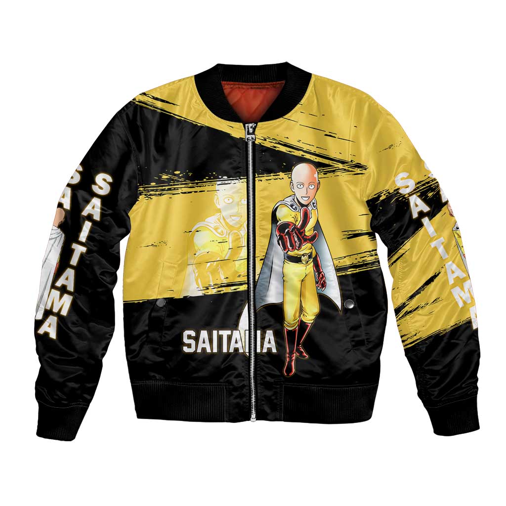 Saitama One Punch Man Anime Yellow and Black Theme Bomber Jacket with Heroic Pose and Dynamic Brushstroke Background - The Mazicc