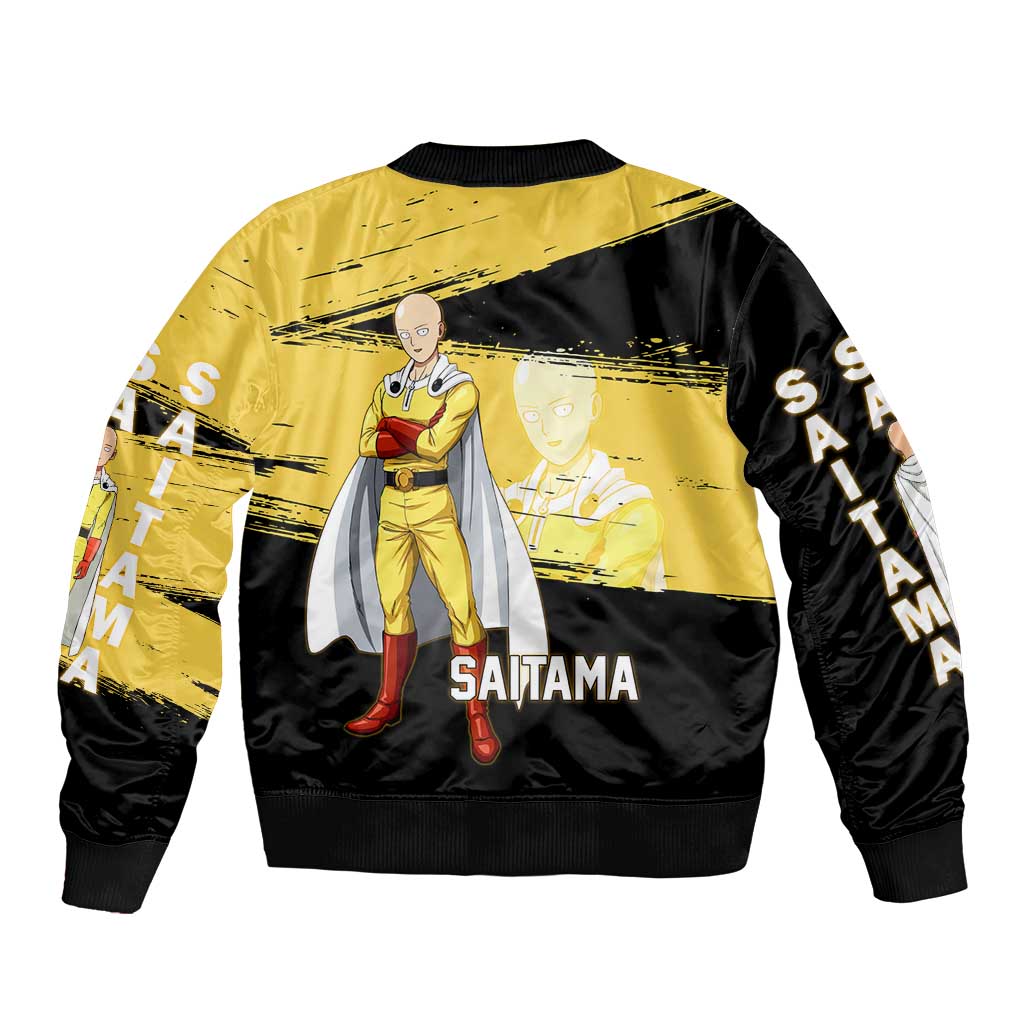Saitama One Punch Man Anime Yellow and Black Theme Bomber Jacket with Heroic Pose and Dynamic Brushstroke Background - The Mazicc