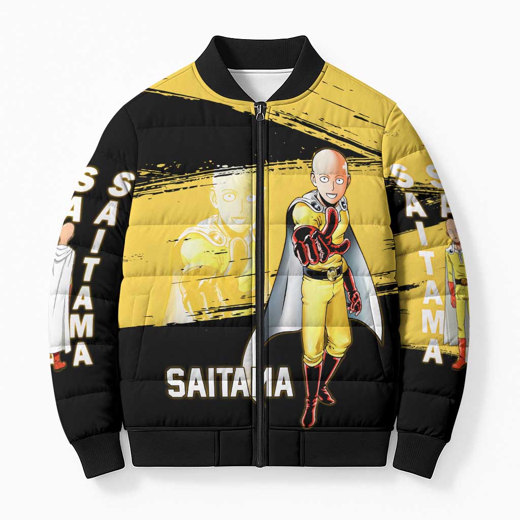 Saitama One Punch Man Anime Yellow and Black Theme Bomber Puffer Jacket with Heroic Pose and Dynamic Brushstroke Background - The Mazicc