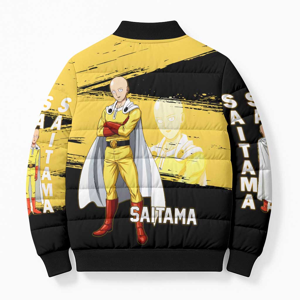 Saitama One Punch Man Anime Yellow and Black Theme Bomber Puffer Jacket with Heroic Pose and Dynamic Brushstroke Background - The Mazicc