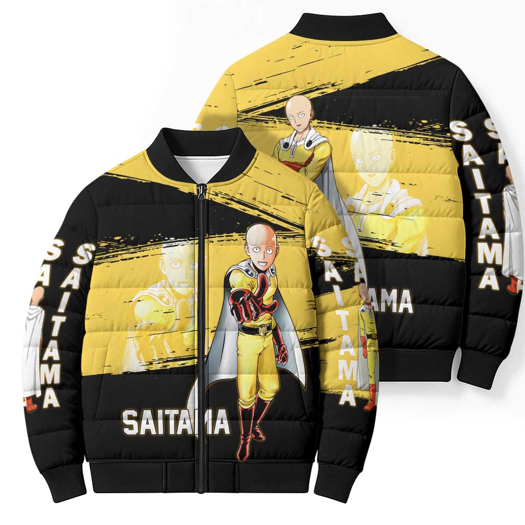 Saitama One Punch Man Anime Yellow and Black Theme Bomber Puffer Jacket with Heroic Pose and Dynamic Brushstroke Background - The Mazicc
