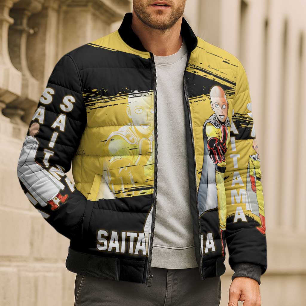 Saitama One Punch Man Anime Yellow and Black Theme Bomber Puffer Jacket with Heroic Pose and Dynamic Brushstroke Background - The Mazicc