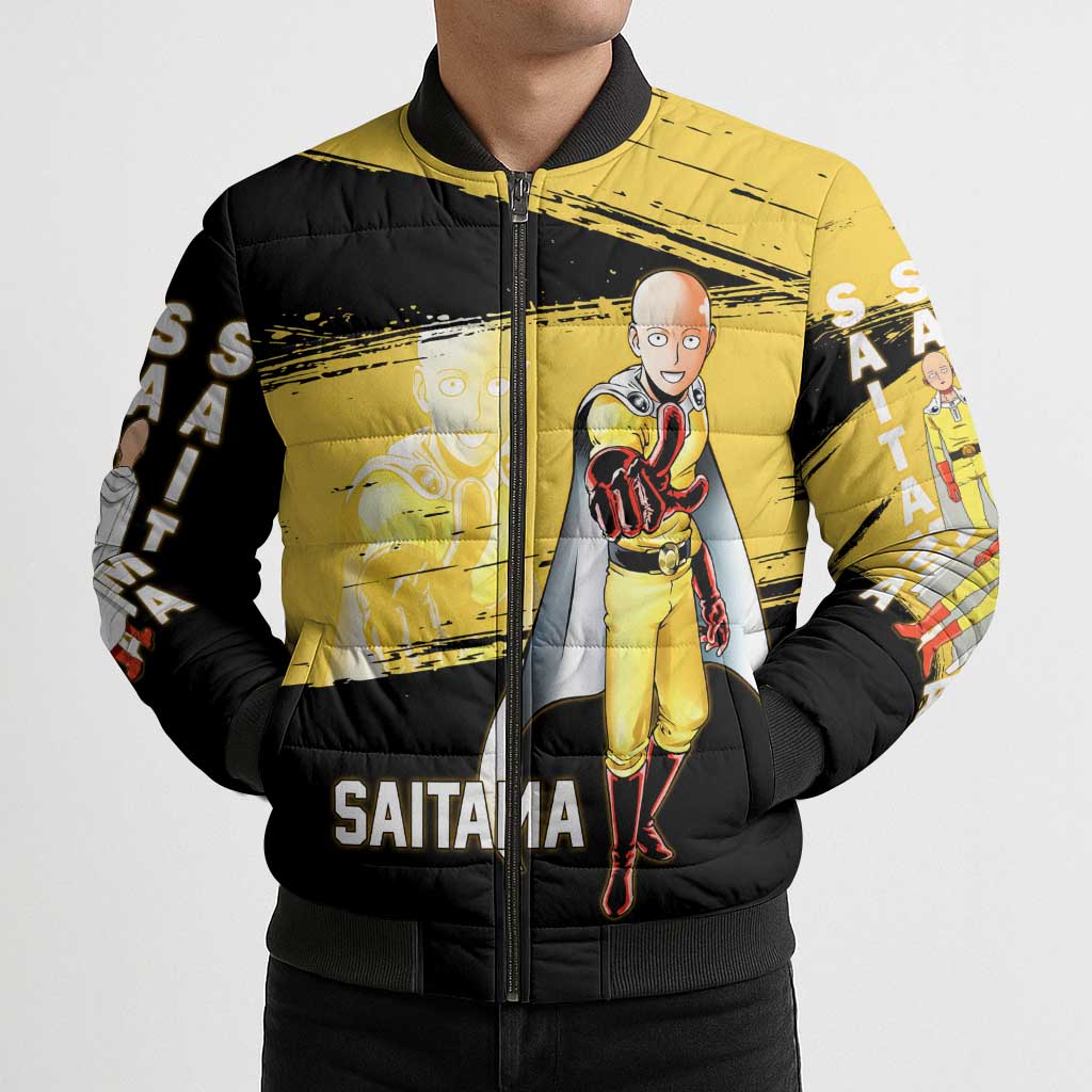 Saitama One Punch Man Anime Yellow and Black Theme Bomber Puffer Jacket with Heroic Pose and Dynamic Brushstroke Background - The Mazicc