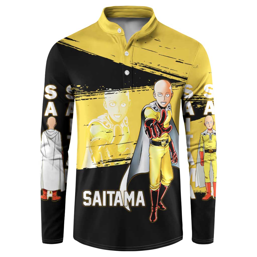 Saitama One Punch Man Anime Yellow and Black Theme Button Sweatshirt with Heroic Pose and Dynamic Brushstroke Background - The Mazicc