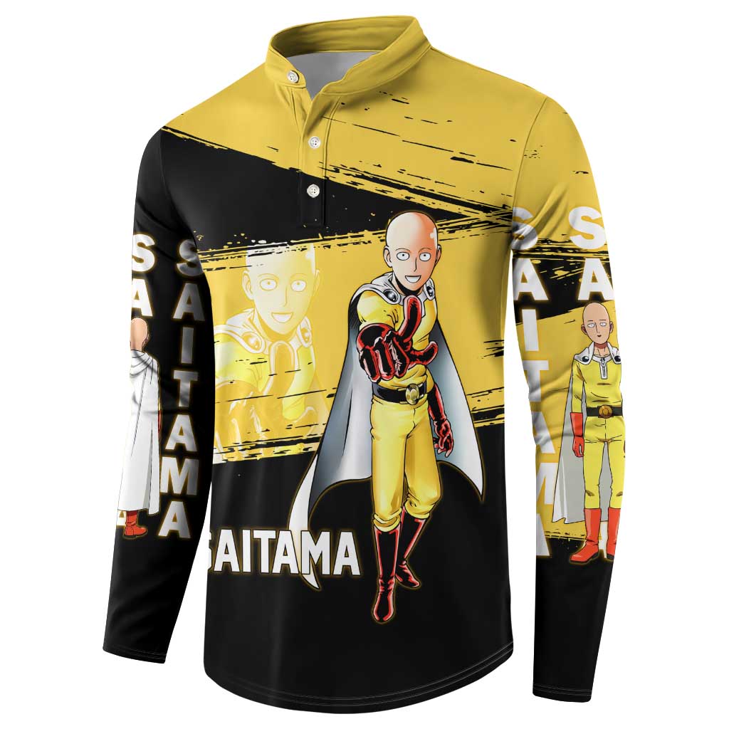 Saitama One Punch Man Anime Yellow and Black Theme Button Sweatshirt with Heroic Pose and Dynamic Brushstroke Background - The Mazicc