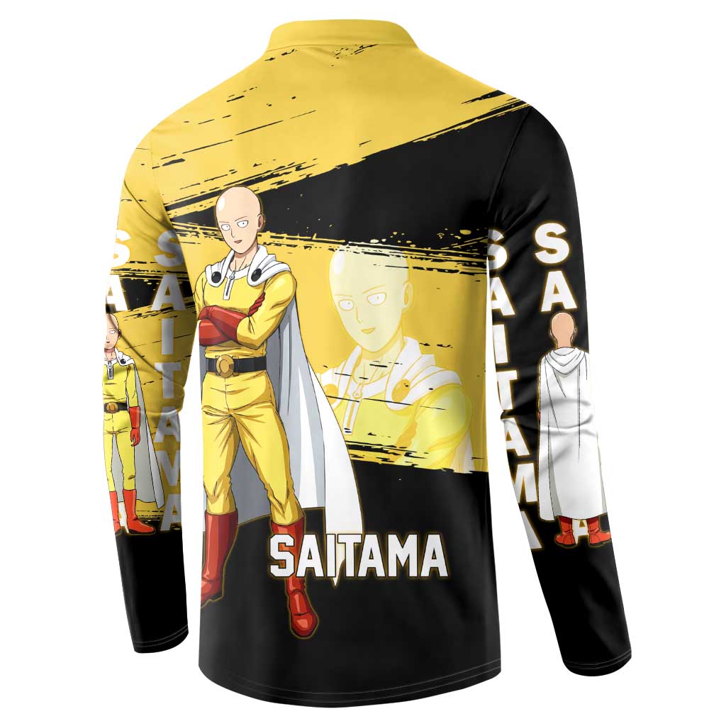 Saitama One Punch Man Anime Yellow and Black Theme Button Sweatshirt with Heroic Pose and Dynamic Brushstroke Background - The Mazicc