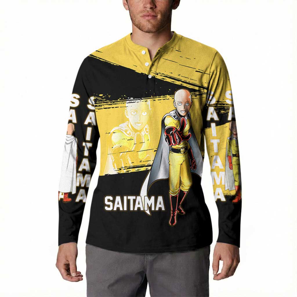 Saitama One Punch Man Anime Yellow and Black Theme Button Sweatshirt with Heroic Pose and Dynamic Brushstroke Background - The Mazicc