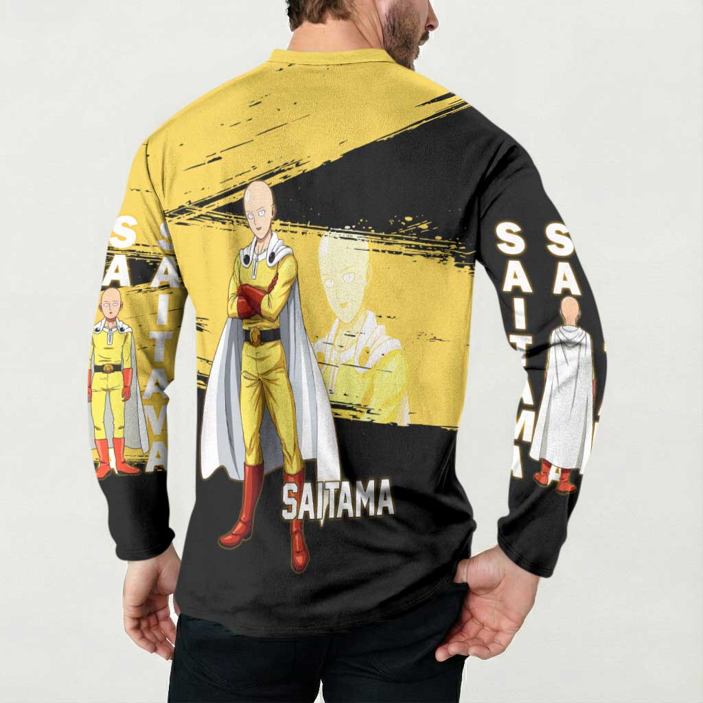 Saitama One Punch Man Anime Yellow and Black Theme Button Sweatshirt with Heroic Pose and Dynamic Brushstroke Background - The Mazicc
