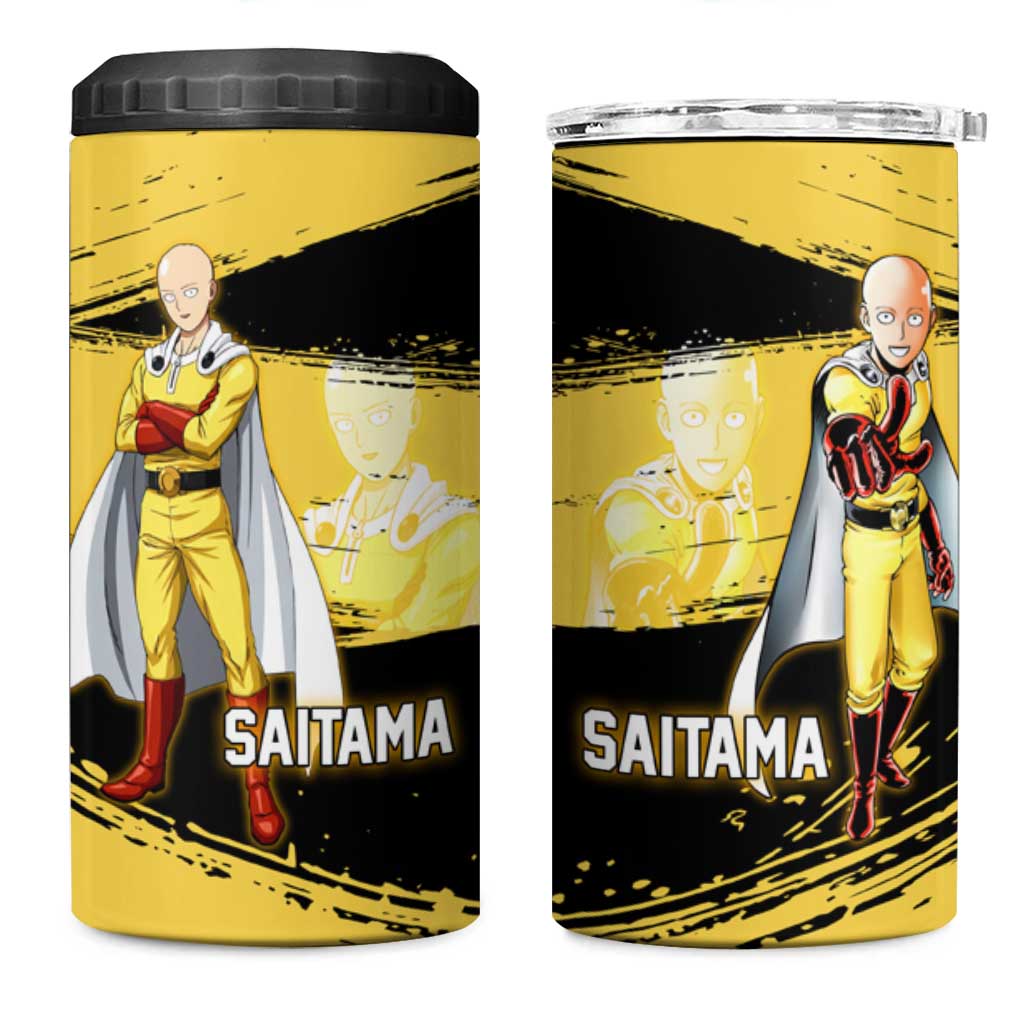 Saitama One Punch Man Anime Yellow and Black Theme 4 in 1 Can Cooler Tumbler with Heroic Pose and Dynamic Brushstroke Background - The Mazicc