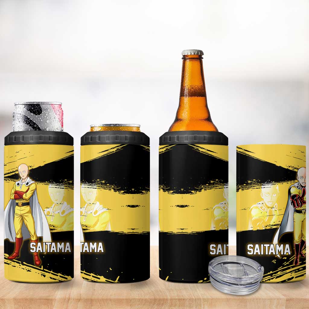 Saitama One Punch Man Anime Yellow and Black Theme 4 in 1 Can Cooler Tumbler with Heroic Pose and Dynamic Brushstroke Background - The Mazicc