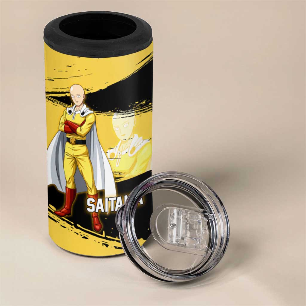 Saitama One Punch Man Anime Yellow and Black Theme 4 in 1 Can Cooler Tumbler with Heroic Pose and Dynamic Brushstroke Background - The Mazicc