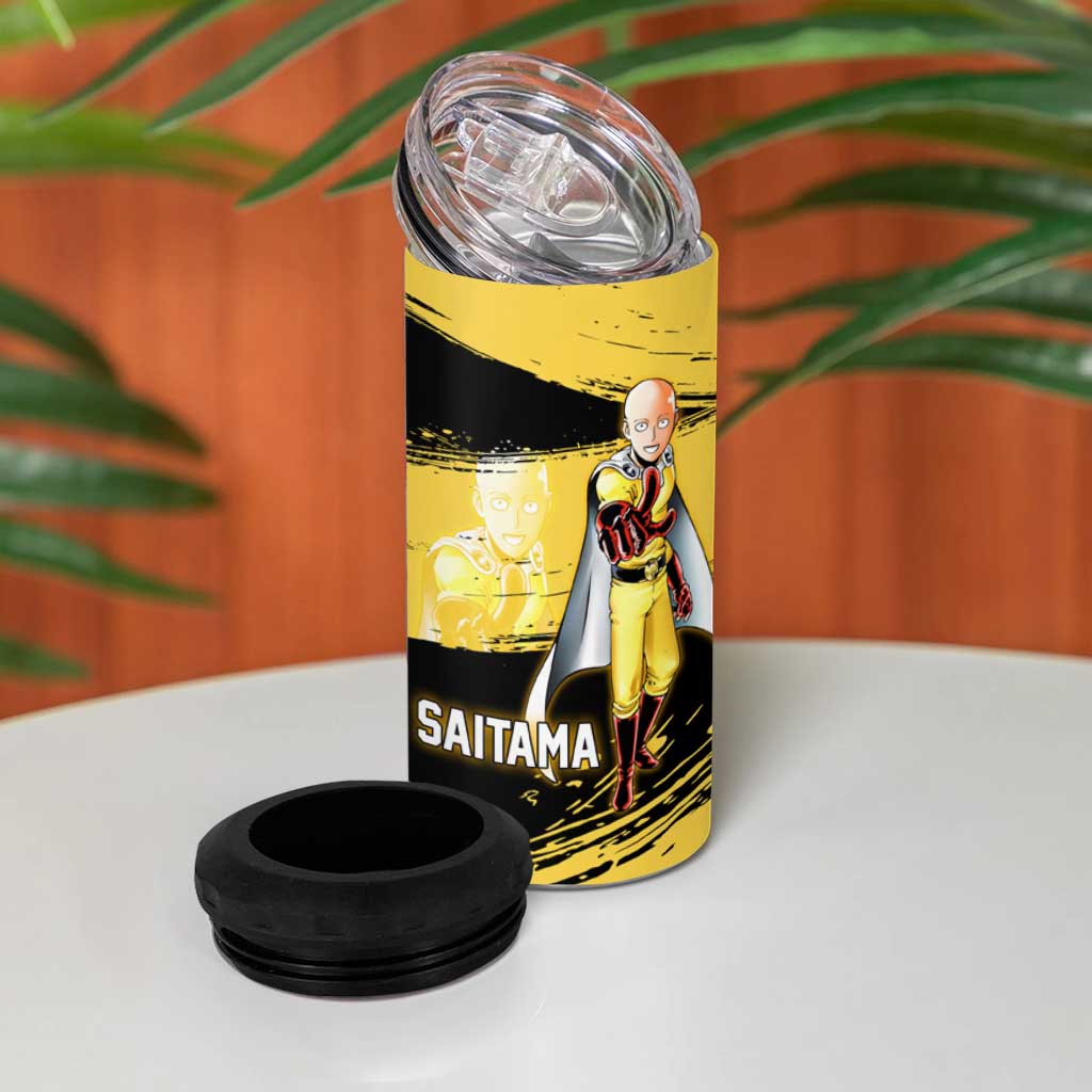 Saitama One Punch Man Anime Yellow and Black Theme 4 in 1 Can Cooler Tumbler with Heroic Pose and Dynamic Brushstroke Background - The Mazicc