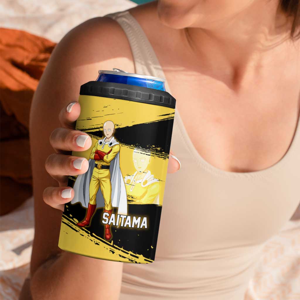 Saitama One Punch Man Anime Yellow and Black Theme 4 in 1 Can Cooler Tumbler with Heroic Pose and Dynamic Brushstroke Background - The Mazicc