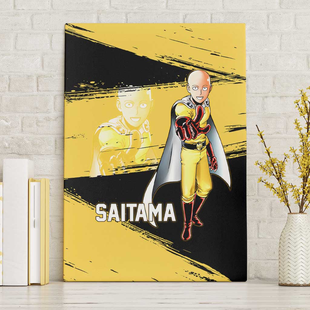 Saitama One Punch Man Anime Yellow and Black Theme Canvas Wall Art with Heroic Pose and Dynamic Brushstroke Background - The Mazicc