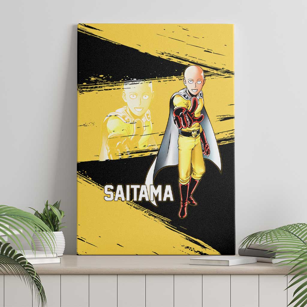 Saitama One Punch Man Anime Yellow and Black Theme Canvas Wall Art with Heroic Pose and Dynamic Brushstroke Background - The Mazicc