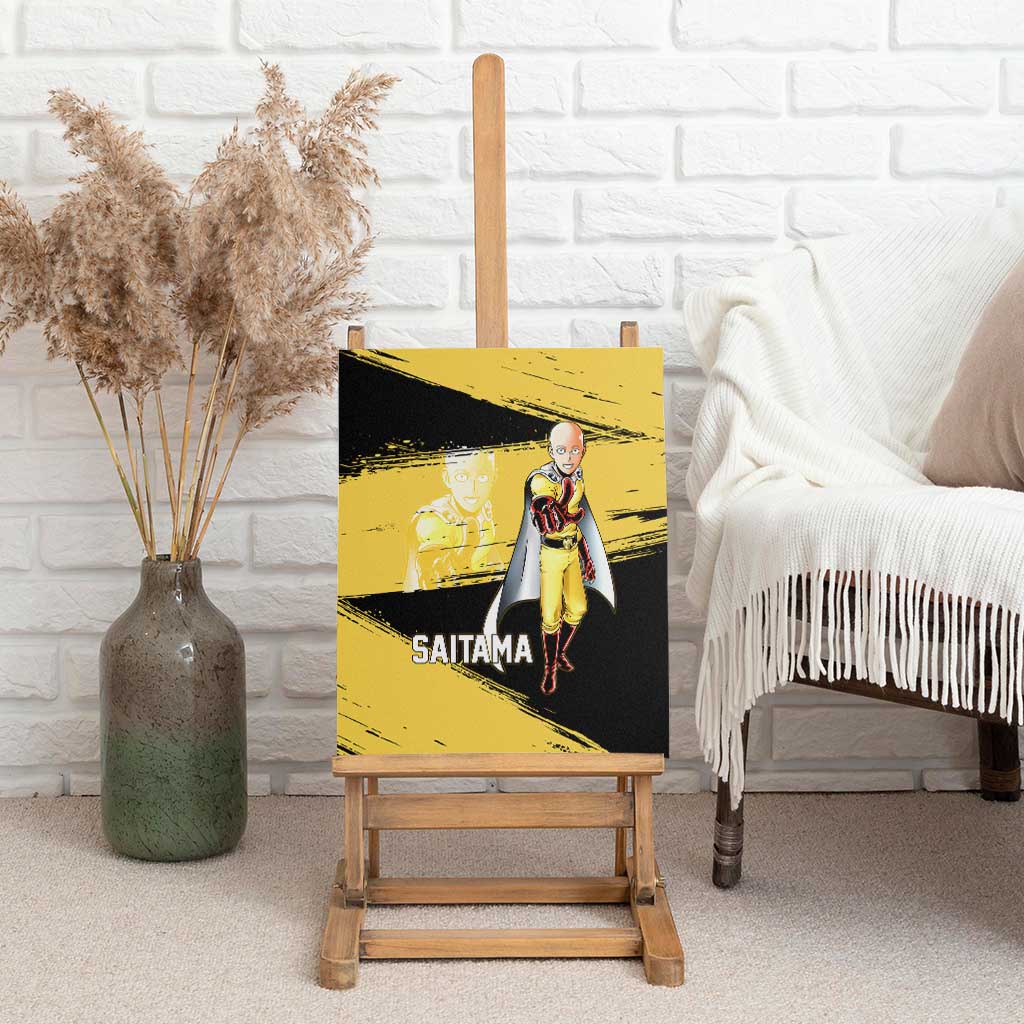 Saitama One Punch Man Anime Yellow and Black Theme Canvas Wall Art with Heroic Pose and Dynamic Brushstroke Background - The Mazicc