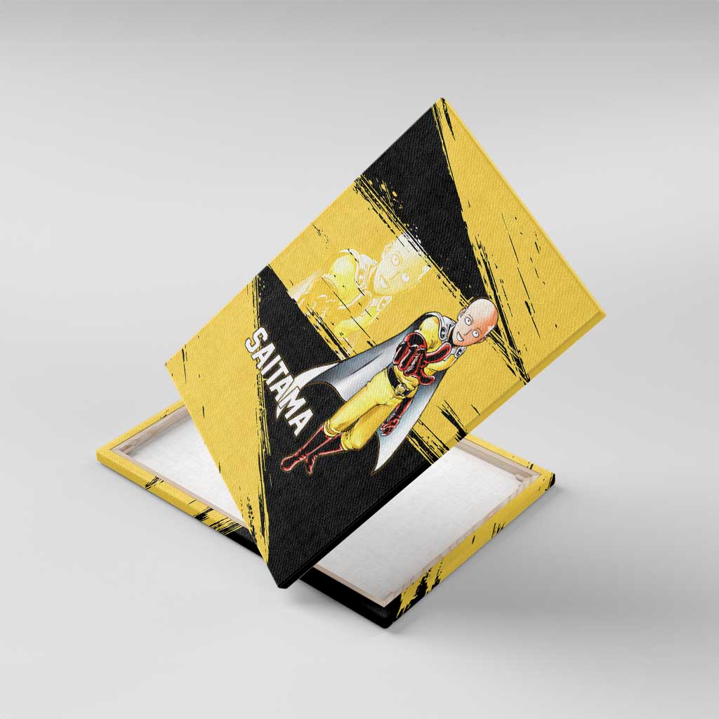 Saitama One Punch Man Anime Yellow and Black Theme Canvas Wall Art with Heroic Pose and Dynamic Brushstroke Background - The Mazicc