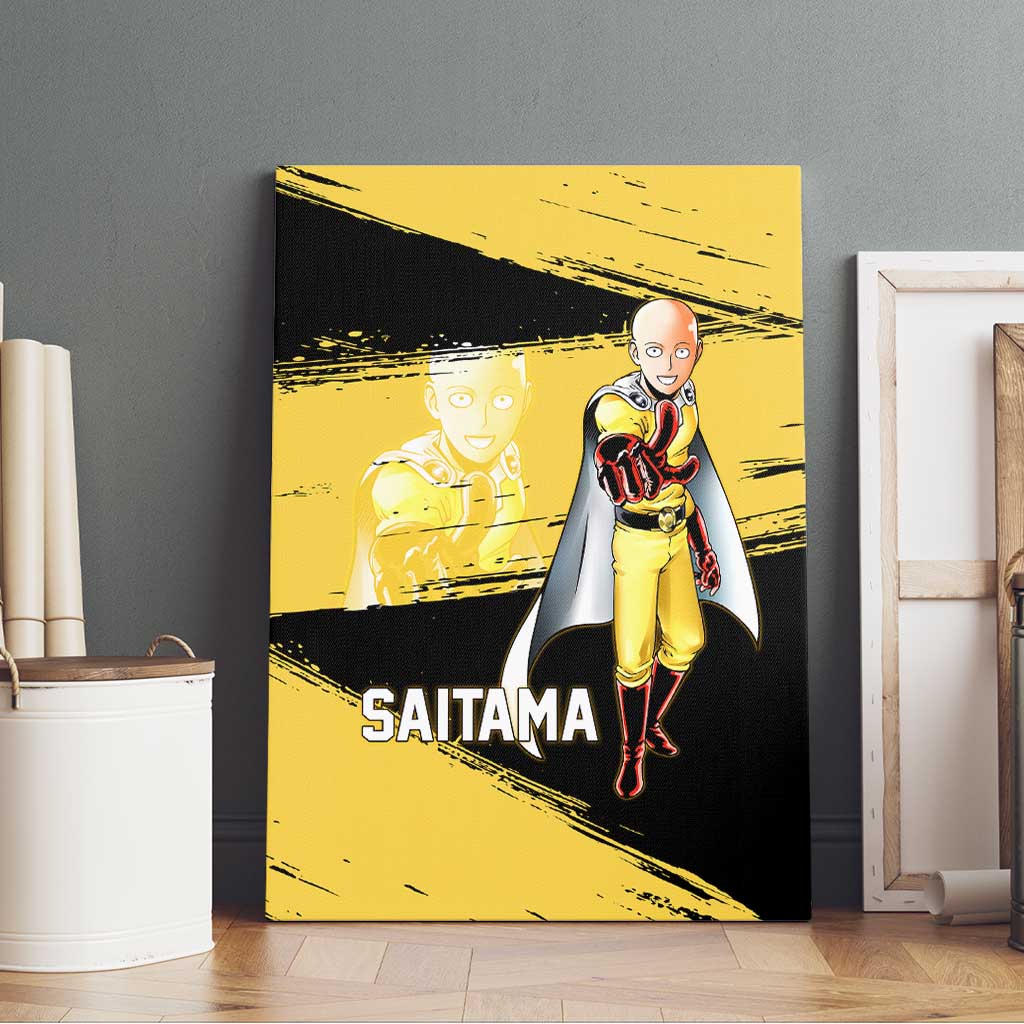 Saitama One Punch Man Anime Yellow and Black Theme Canvas Wall Art with Heroic Pose and Dynamic Brushstroke Background - The Mazicc