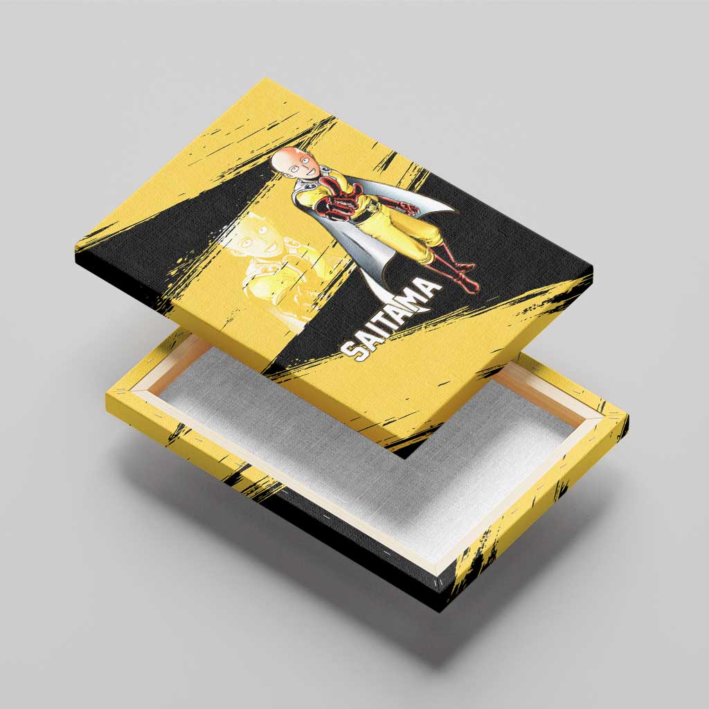 Saitama One Punch Man Anime Yellow and Black Theme Canvas Wall Art with Heroic Pose and Dynamic Brushstroke Background - The Mazicc