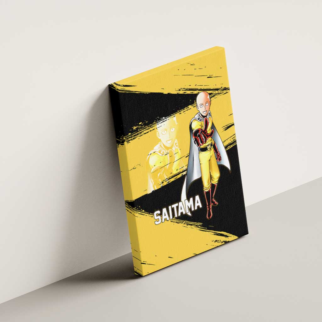 Saitama One Punch Man Anime Yellow and Black Theme Canvas Wall Art with Heroic Pose and Dynamic Brushstroke Background - The Mazicc
