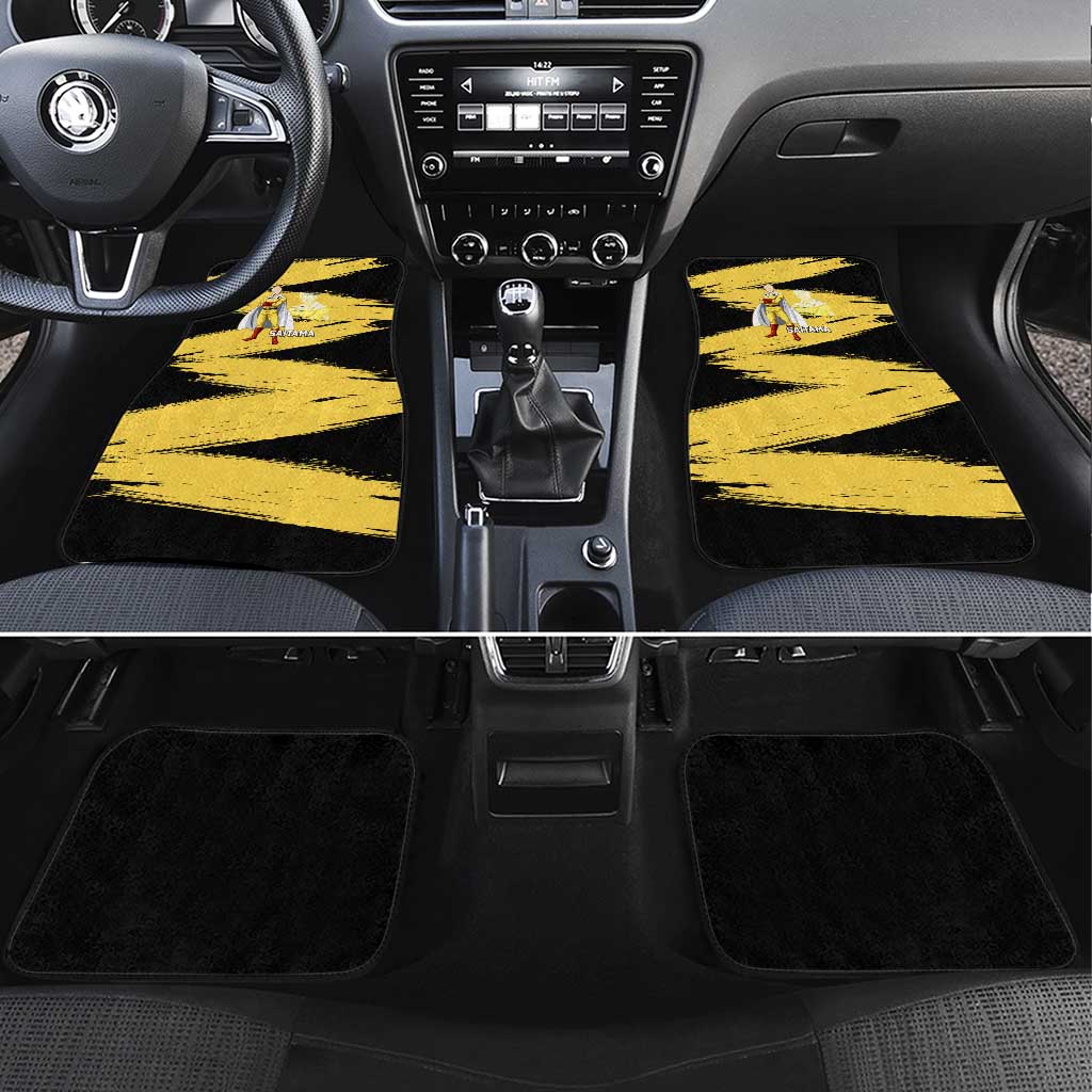 Saitama One Punch Man Anime Yellow and Black Theme Car Mats with Heroic Pose and Dynamic Brushstroke Background - The Mazicc