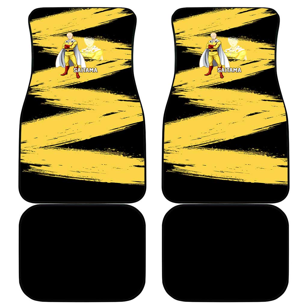Saitama One Punch Man Anime Yellow and Black Theme Car Mats with Heroic Pose and Dynamic Brushstroke Background - The Mazicc