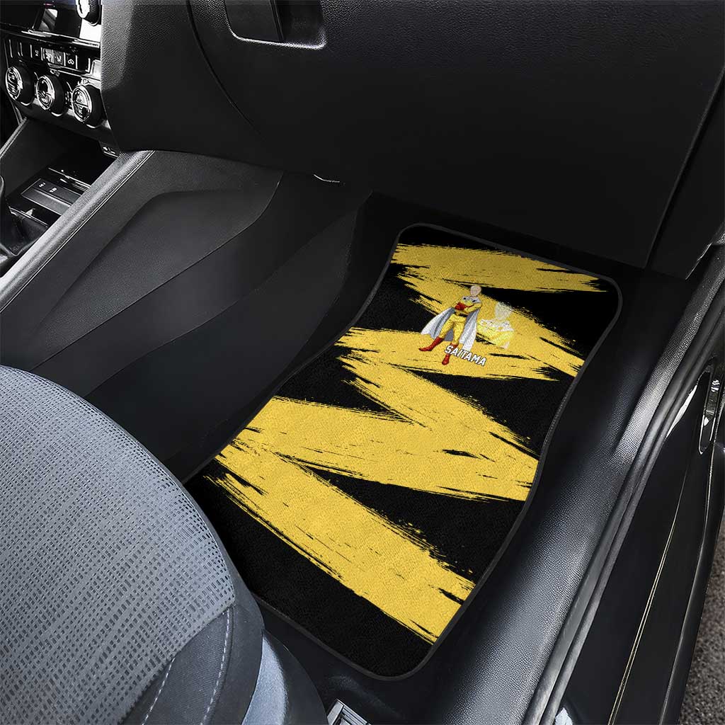 Saitama One Punch Man Anime Yellow and Black Theme Car Mats with Heroic Pose and Dynamic Brushstroke Background - The Mazicc