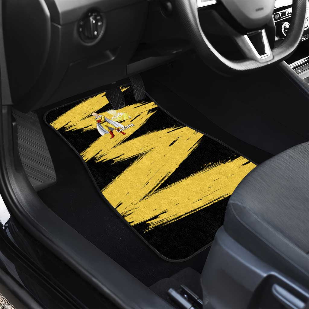 Saitama One Punch Man Anime Yellow and Black Theme Car Mats with Heroic Pose and Dynamic Brushstroke Background - The Mazicc
