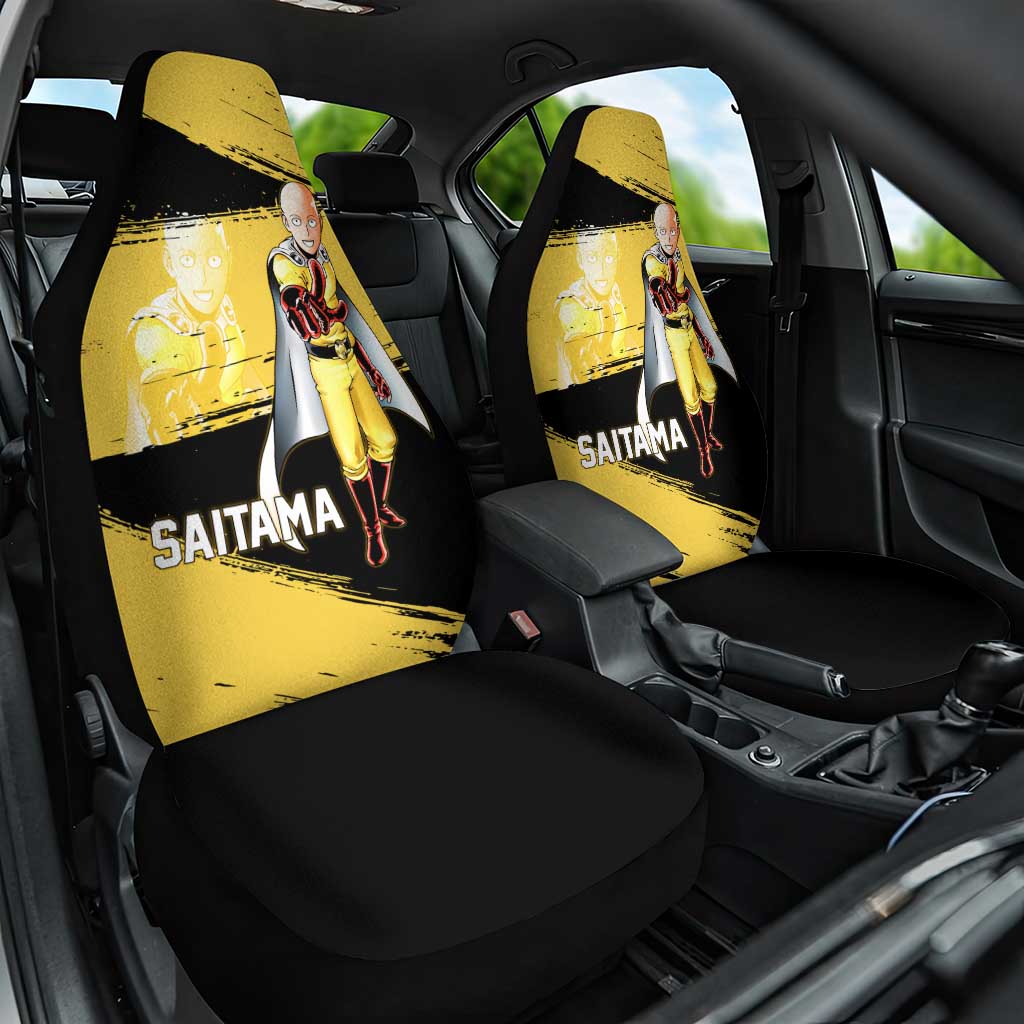 Saitama One Punch Man Anime Yellow and Black Theme Car Seat Cover with Heroic Pose and Dynamic Brushstroke Background - The Mazicc