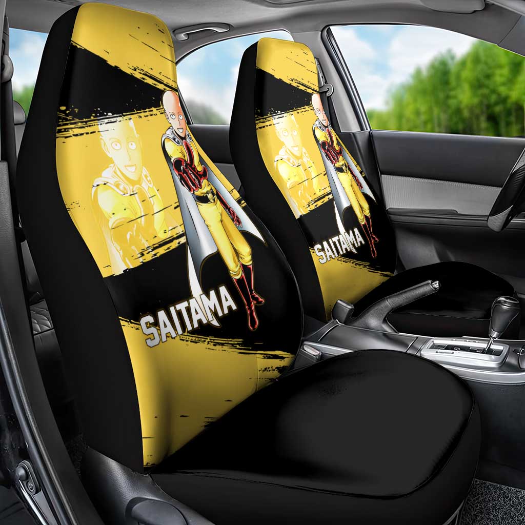 Saitama One Punch Man Anime Yellow and Black Theme Car Seat Cover with Heroic Pose and Dynamic Brushstroke Background - The Mazicc