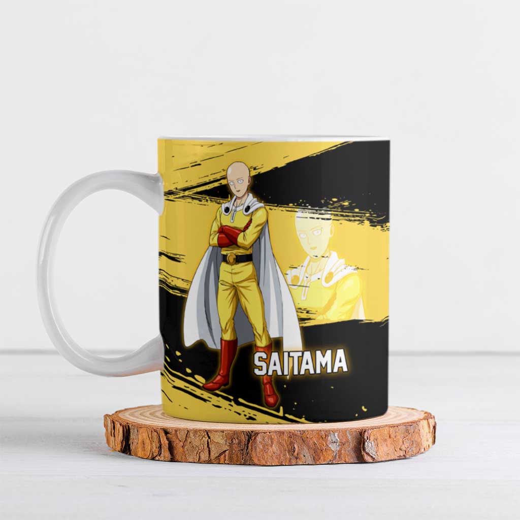 Saitama One Punch Man Anime Yellow and Black Theme Ceramic Mug with Heroic Pose and Dynamic Brushstroke Background - The Mazicc