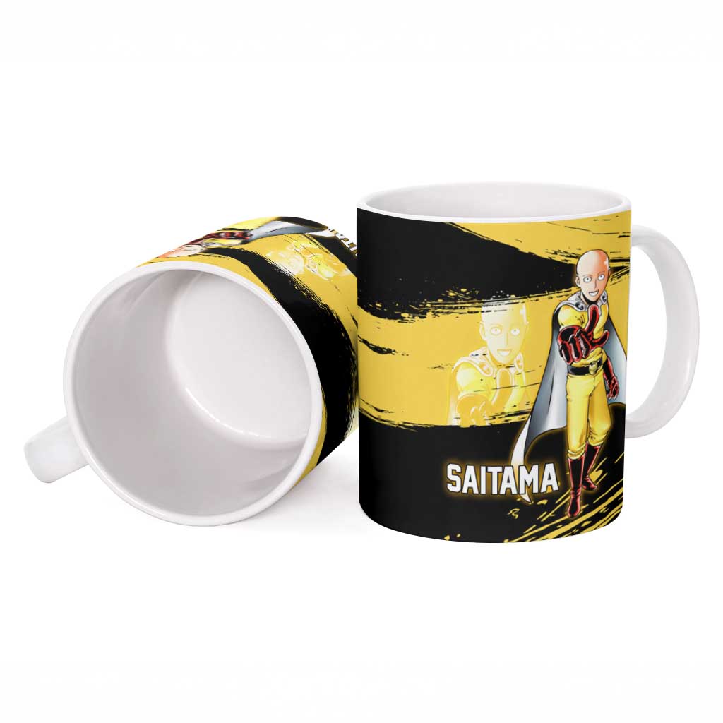 Saitama One Punch Man Anime Yellow and Black Theme Ceramic Mug with Heroic Pose and Dynamic Brushstroke Background - The Mazicc