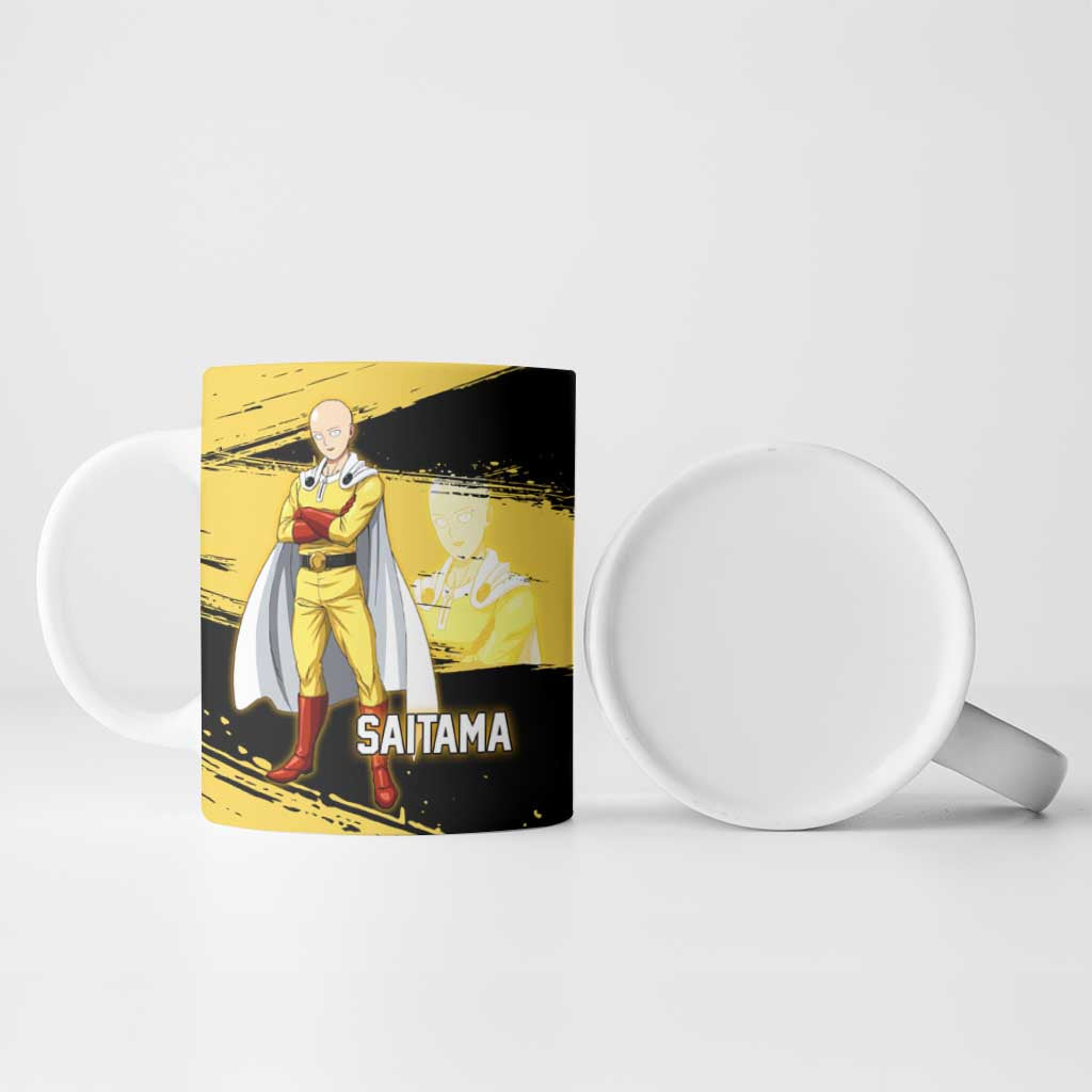 Saitama One Punch Man Anime Yellow and Black Theme Ceramic Mug with Heroic Pose and Dynamic Brushstroke Background - The Mazicc