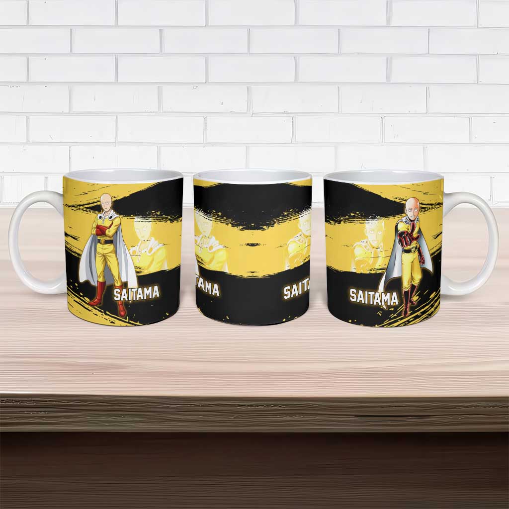 Saitama One Punch Man Anime Yellow and Black Theme Ceramic Mug with Heroic Pose and Dynamic Brushstroke Background - The Mazicc