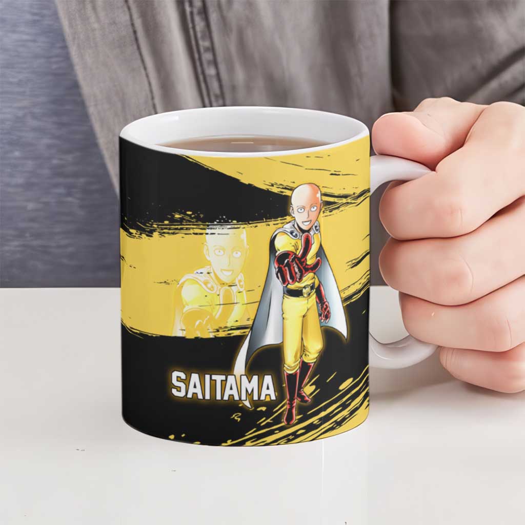 Saitama One Punch Man Anime Yellow and Black Theme Ceramic Mug with Heroic Pose and Dynamic Brushstroke Background - The Mazicc