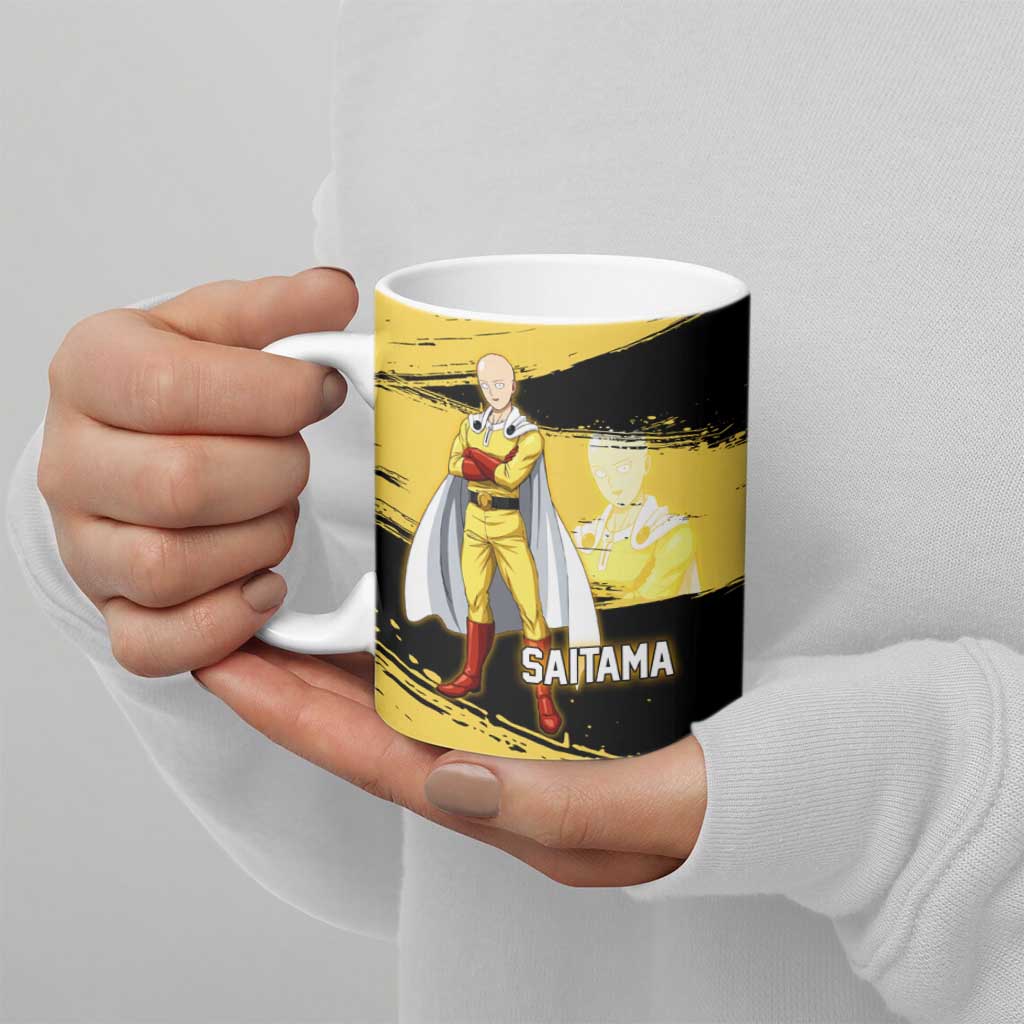 Saitama One Punch Man Anime Yellow and Black Theme Ceramic Mug with Heroic Pose and Dynamic Brushstroke Background - The Mazicc