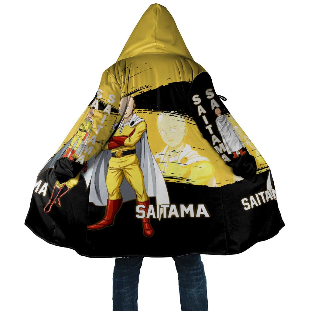 Saitama One Punch Man Anime Yellow and Black Theme Cloak with Heroic Pose and Dynamic Brushstroke Background - The Mazicc