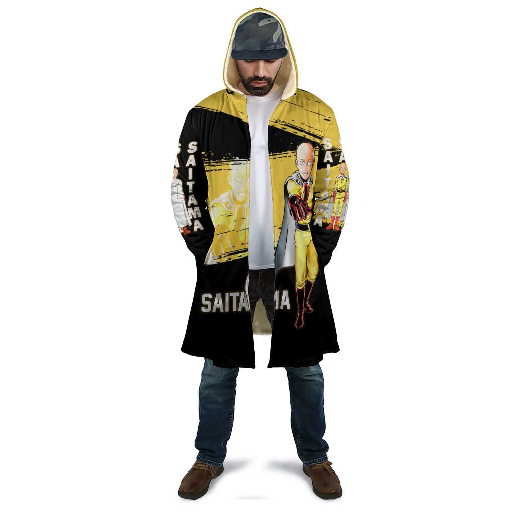 Saitama One Punch Man Anime Yellow and Black Theme Cloak with Heroic Pose and Dynamic Brushstroke Background - The Mazicc
