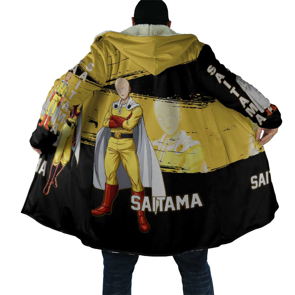 Saitama One Punch Man Anime Yellow and Black Theme Cloak with Heroic Pose and Dynamic Brushstroke Background - The Mazicc