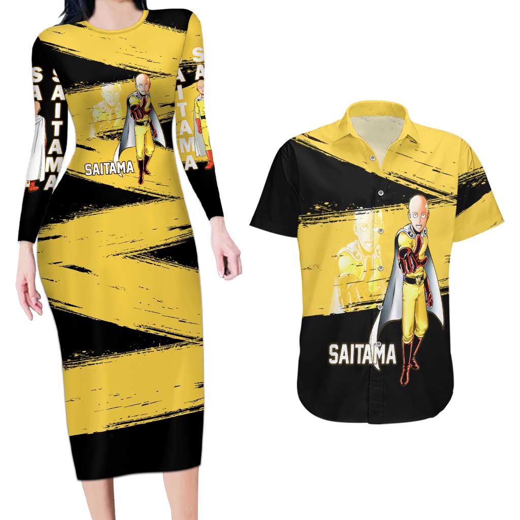 Saitama One Punch Man Anime Yellow and Black Theme Couples Matching Long Sleeve Bodycon Dress and Hawaiian Shirt with Heroic Pose and Dynamic Brushstroke Background - The Mazicc