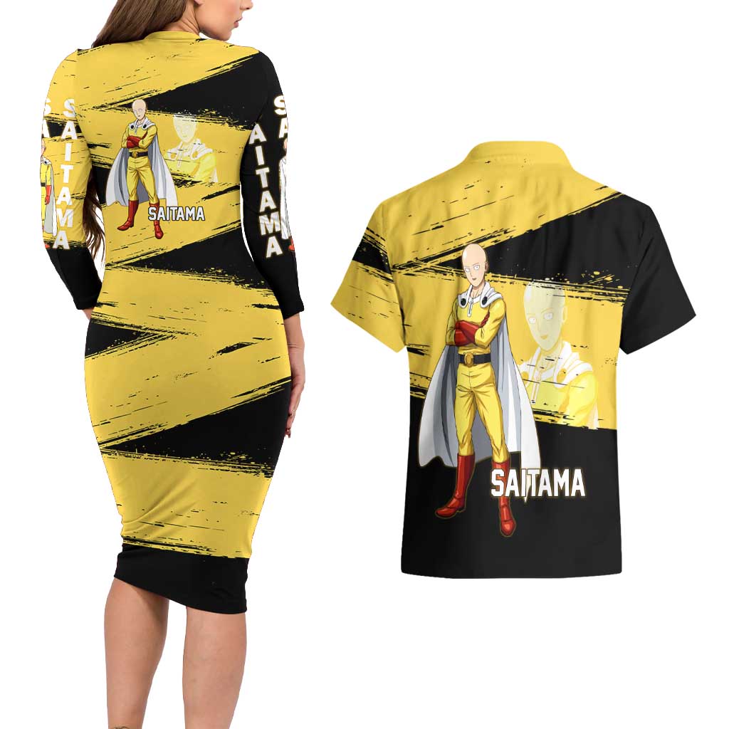 Saitama One Punch Man Anime Yellow and Black Theme Couples Matching Long Sleeve Bodycon Dress and Hawaiian Shirt with Heroic Pose and Dynamic Brushstroke Background - The Mazicc