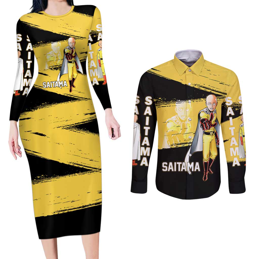 Saitama One Punch Man Anime Yellow and Black Theme Couples Matching Long Sleeve Bodycon Dress and Long Sleeve Button Shirt with Heroic Pose and Dynamic Brushstroke Background - The Mazicc