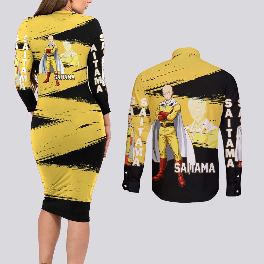 Saitama One Punch Man Anime Yellow and Black Theme Couples Matching Long Sleeve Bodycon Dress and Long Sleeve Button Shirt with Heroic Pose and Dynamic Brushstroke Background - The Mazicc