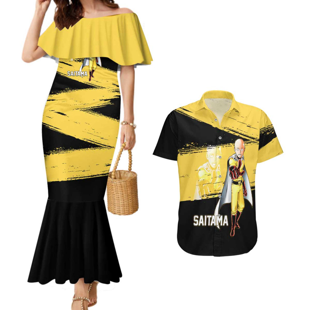 Saitama One Punch Man Anime Yellow and Black Theme Couples Matching Mermaid Dress and Hawaiian Shirt with Heroic Pose and Dynamic Brushstroke Background - The Mazicc