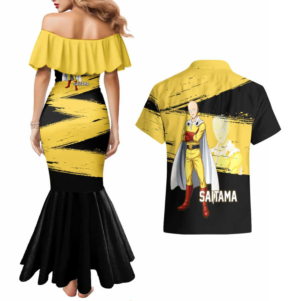Saitama One Punch Man Anime Yellow and Black Theme Couples Matching Mermaid Dress and Hawaiian Shirt with Heroic Pose and Dynamic Brushstroke Background - The Mazicc