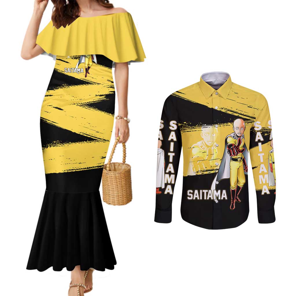 Saitama One Punch Man Anime Yellow and Black Theme Couples Matching Mermaid Dress and Long Sleeve Button Shirt with Heroic Pose and Dynamic Brushstroke Background - The Mazicc