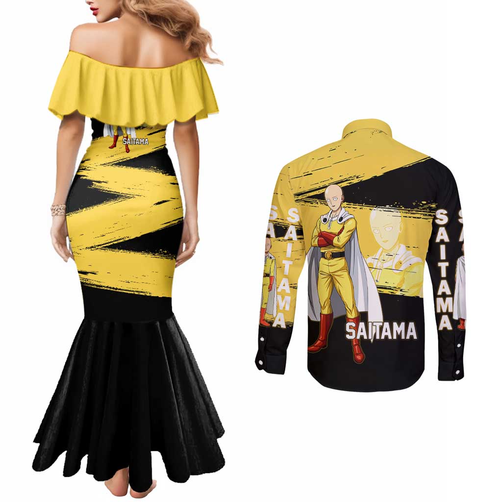 Saitama One Punch Man Anime Yellow and Black Theme Couples Matching Mermaid Dress and Long Sleeve Button Shirt with Heroic Pose and Dynamic Brushstroke Background - The Mazicc