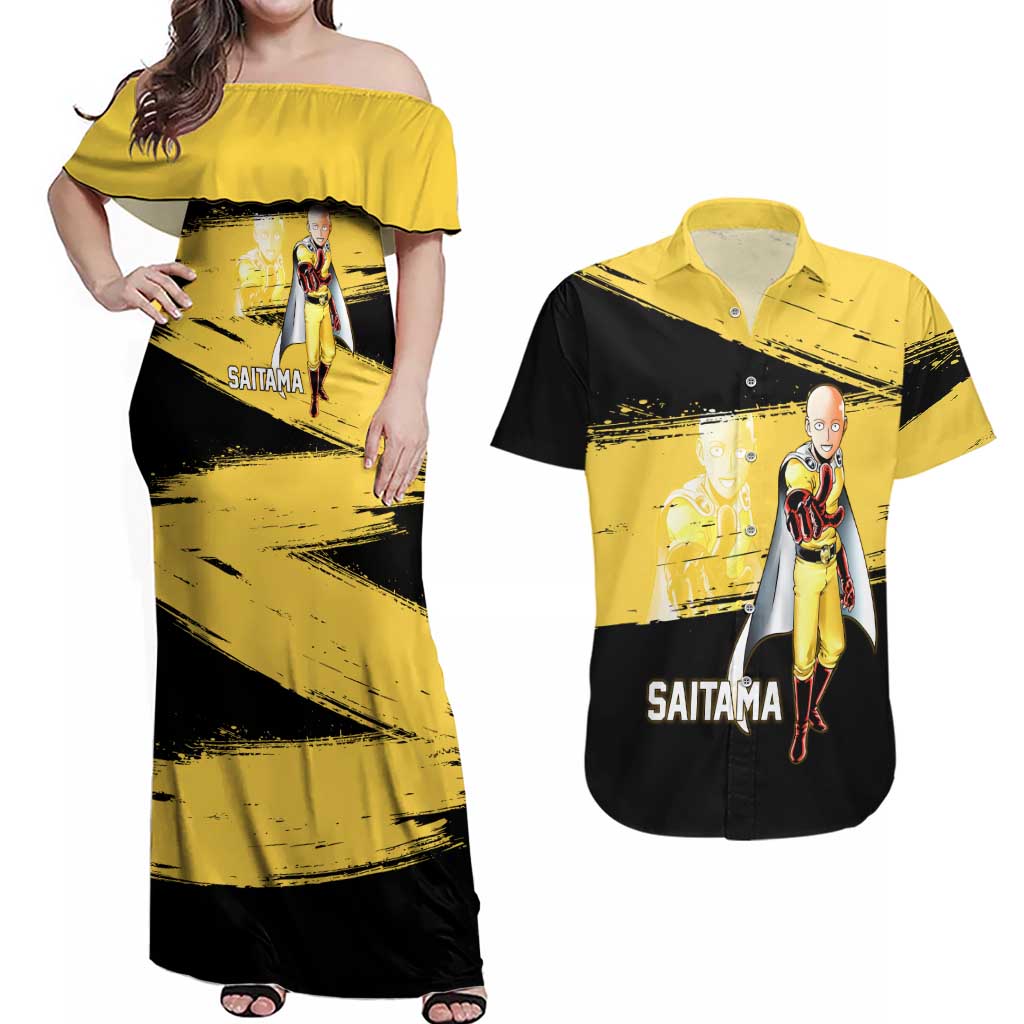 Saitama One Punch Man Anime Yellow and Black Theme Couples Matching Off Shoulder Maxi Dress and Hawaiian Shirt with Heroic Pose and Dynamic Brushstroke Background - The Mazicc