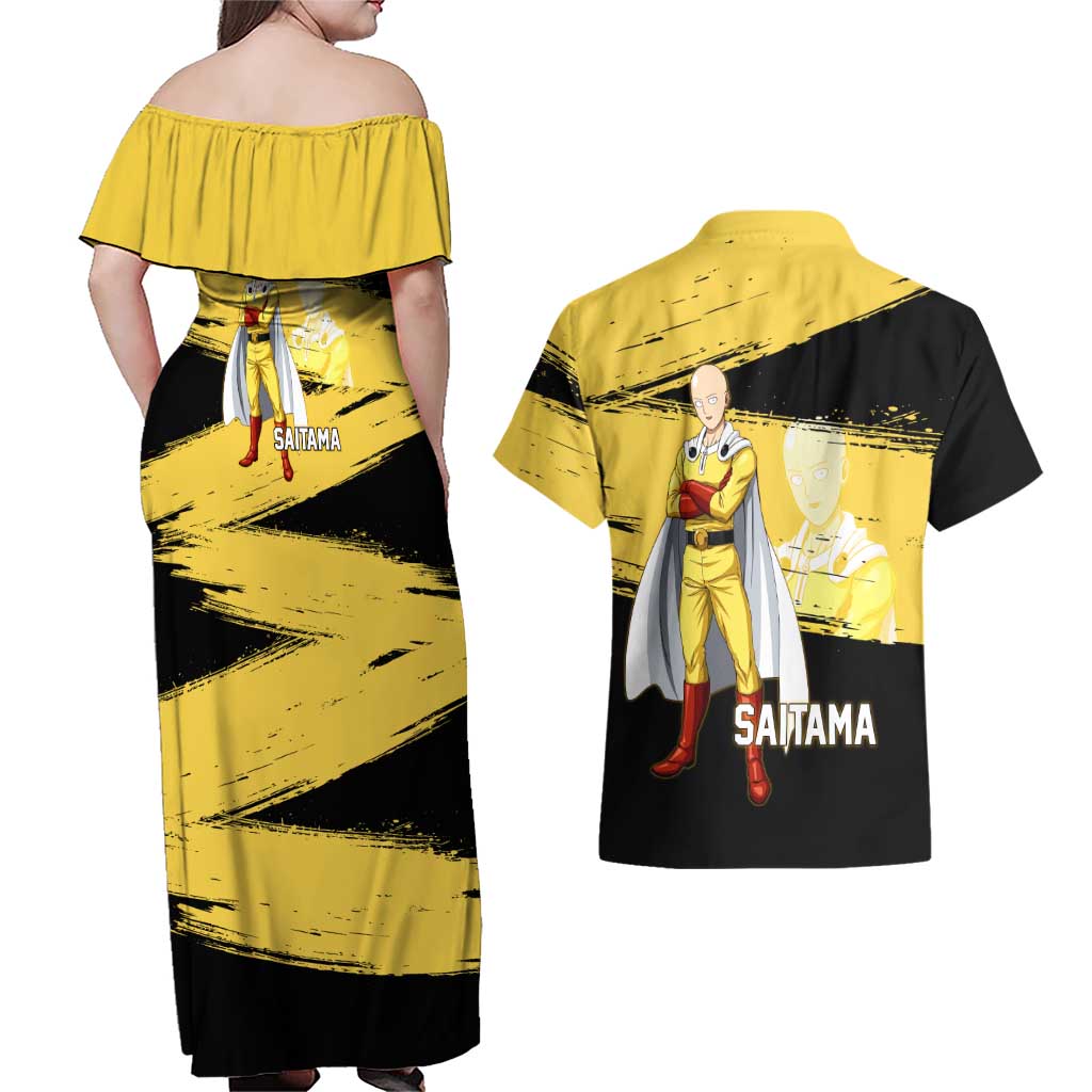 Saitama One Punch Man Anime Yellow and Black Theme Couples Matching Off Shoulder Maxi Dress and Hawaiian Shirt with Heroic Pose and Dynamic Brushstroke Background - The Mazicc